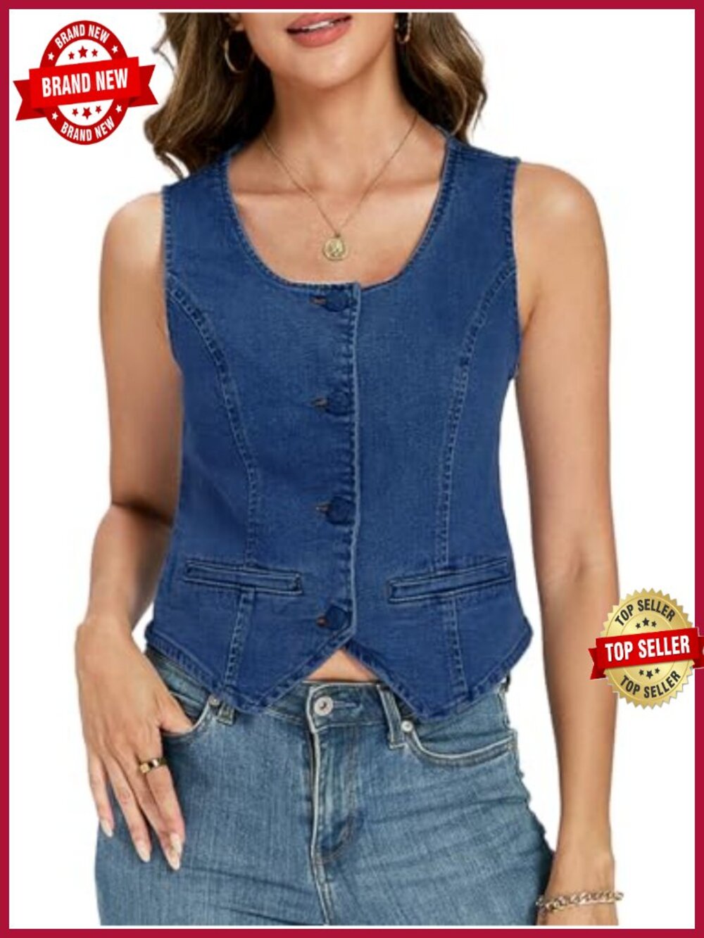 Cropped Denim Vest Button Down Square Neck Sleeveless Jean Top Waistcoat